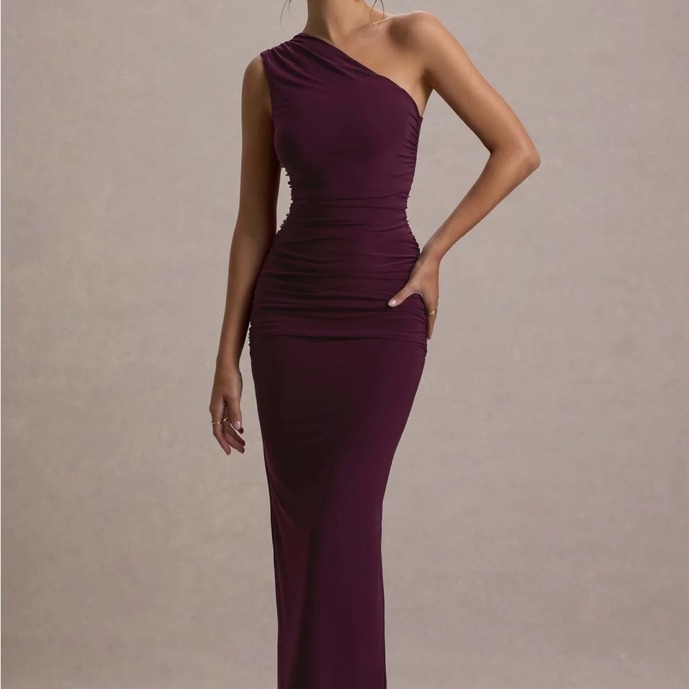 Club L London One-Shoulder Ruched Evening Gown in Deep Plum